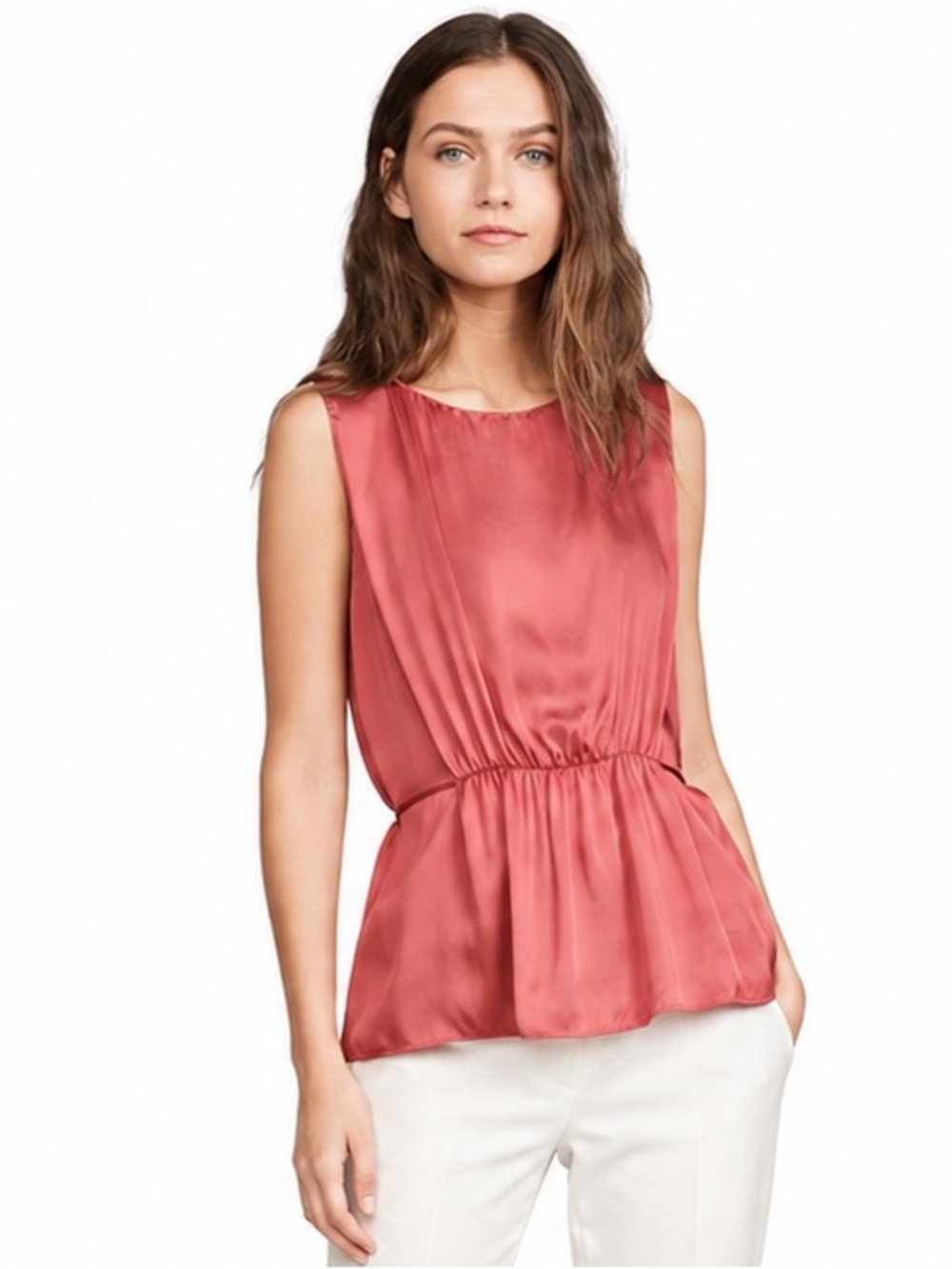 Theory 100% Silk Charmeuse Shirred Peplum Blouse Tank Top XS Quiet Luxury Flowy